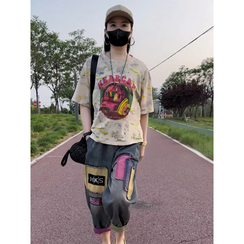 薄款刺绣牛仔哈伦裤两件套