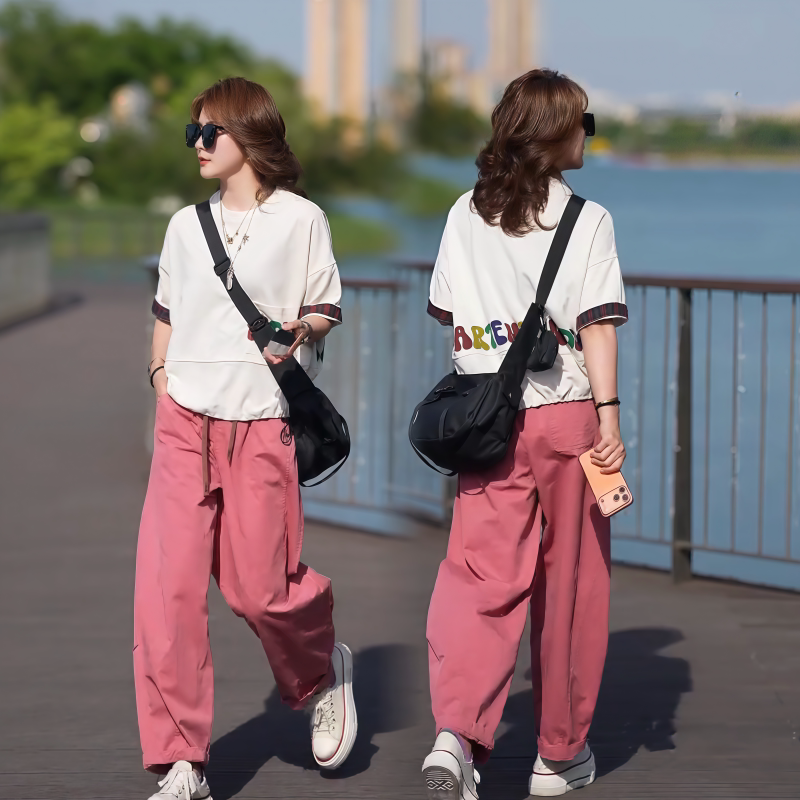 欧货两件套装女2026年夏季新款圆领印花短袖T恤+水洗棉薄款哈伦裤