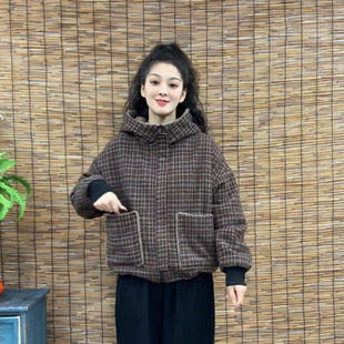 2024新款 兩面穿加絨加厚休閑百搭減齡顯瘦格子外套連帽棉服女 冬季