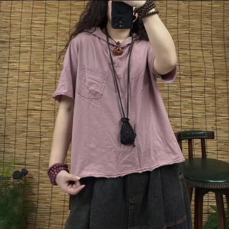 减龄时尚口袋连帽纯棉短袖t恤