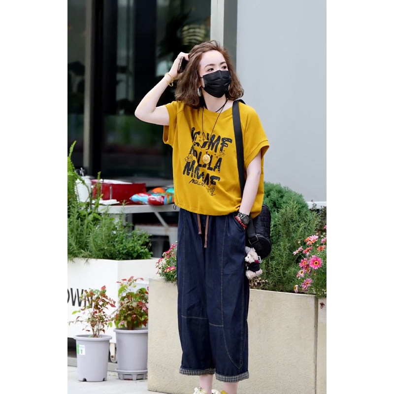 2025年夏季新款纯棉字母印花T恤+水洗薄款牛仔哈伦裤显瘦两件套女,女装/女士精品,时尚套装,淘宝优惠券,粉丝福利购,淘宝优惠卷