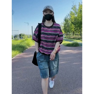 两件套装女2026年夏季新款条纹圆领短袖T恤+薄款水洗牛仔五分裤潮