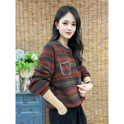 复古洋气炒色条纹卫衣女
