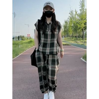 polo领短袖衬衫高腰阔腿裤两件套