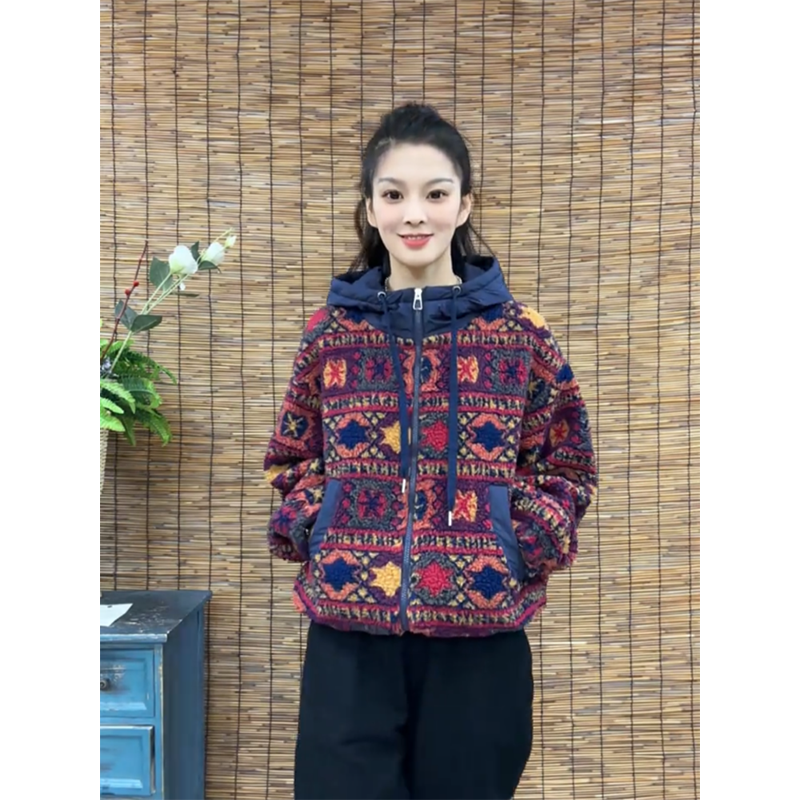 连帽撞色提花摇粒绒棉衣宽松