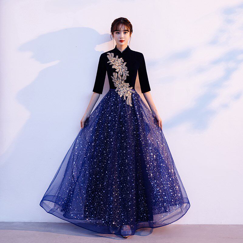 新品大合a唱演出服女长裙成人诗朗诵表演服装主持人指挥服蓝色宴