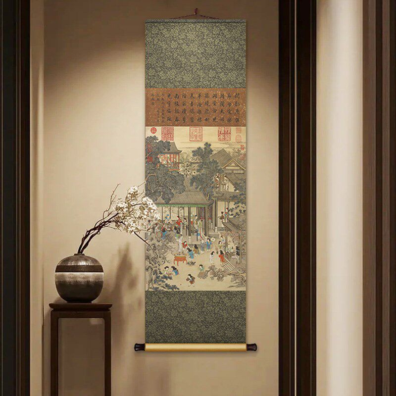 新品岁朝欢庆图中式卷轴挂画餐厅书E房复古装饰画国画竖版玄关过