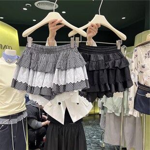 韩系甜美减龄蕾丝拼接格子多层次感蓬蓬a字短裙女春夏季半身裙裤