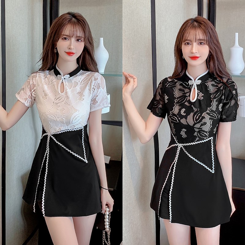 新中式改良旗袍连衣裙女夏季新款蕾丝收腰裙子短裤工作服两件套装