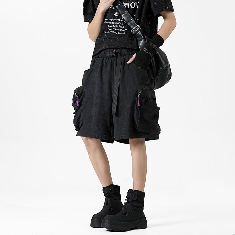 黑色大口袋工装短裤男夏季户外山系阔腿裤美式机能潮牌四五分裤子