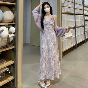 MM谢谢家新款重工高级感晕染紫色立体花朵吊带连衣裙肌理开衫套装