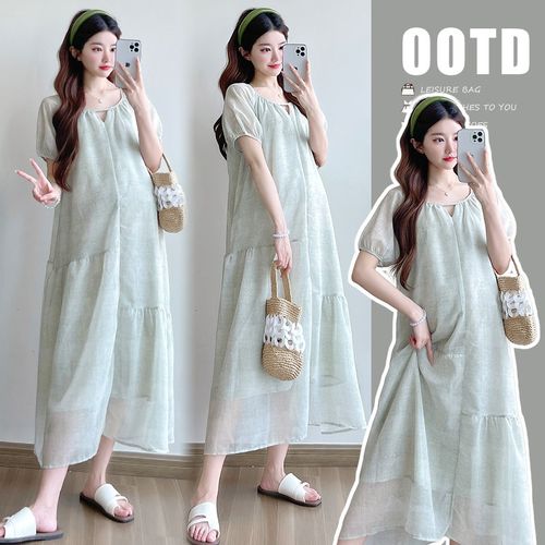 新款 2025夏季新款孕妇装浪漫百搭休闲V领长裙宽松外出孕妇连衣裙