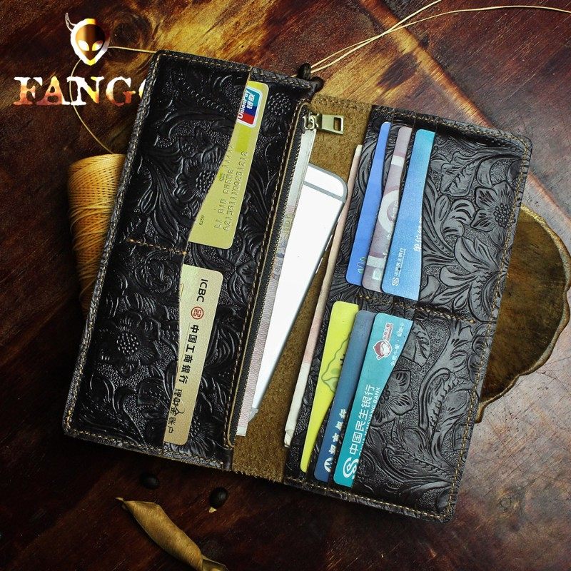 真皮手工长款钱包男女头层牛皮复古钱包疯马皮休闲皮雕多卡位钱夹