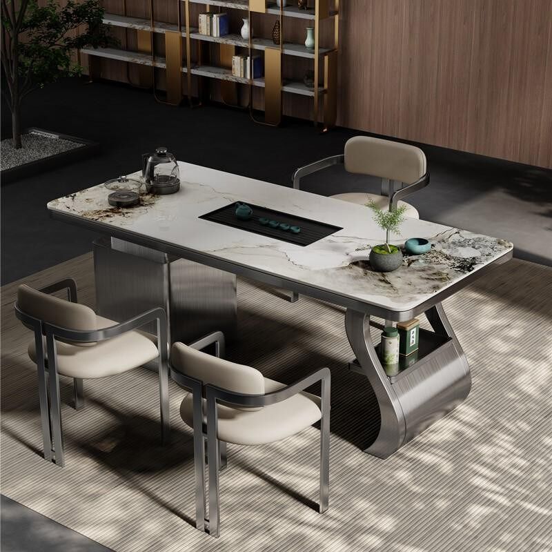 高端定制不锈钢茶桌茶台椅组合一体套装现代简约办公接待泡茶桌