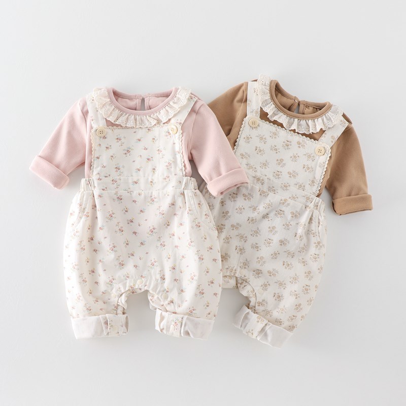 婴儿衣服背带裤春秋套装女宝宝两件套哈衣公主百天爬服连体衣一岁