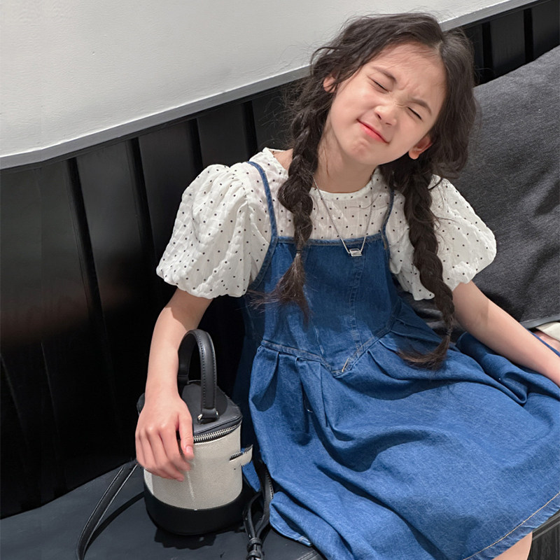 韩国童装2023女童连衣裙套装夏季新款洋气女孩夏牛仔吊带裙两件套