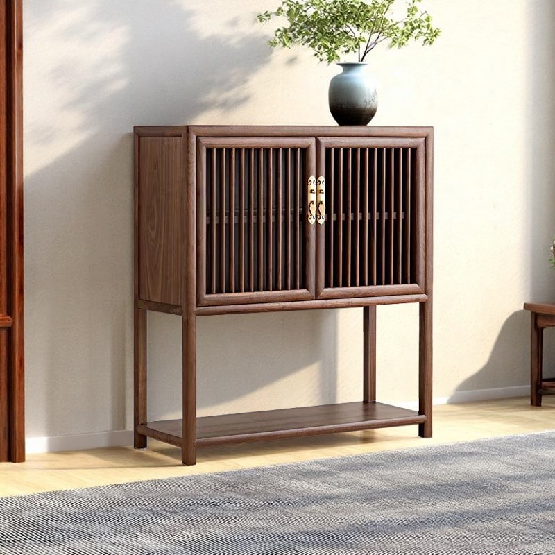 新中式实木餐边柜置物柜茶水边柜玄关柜客厅黑胡桃木两门储物柜