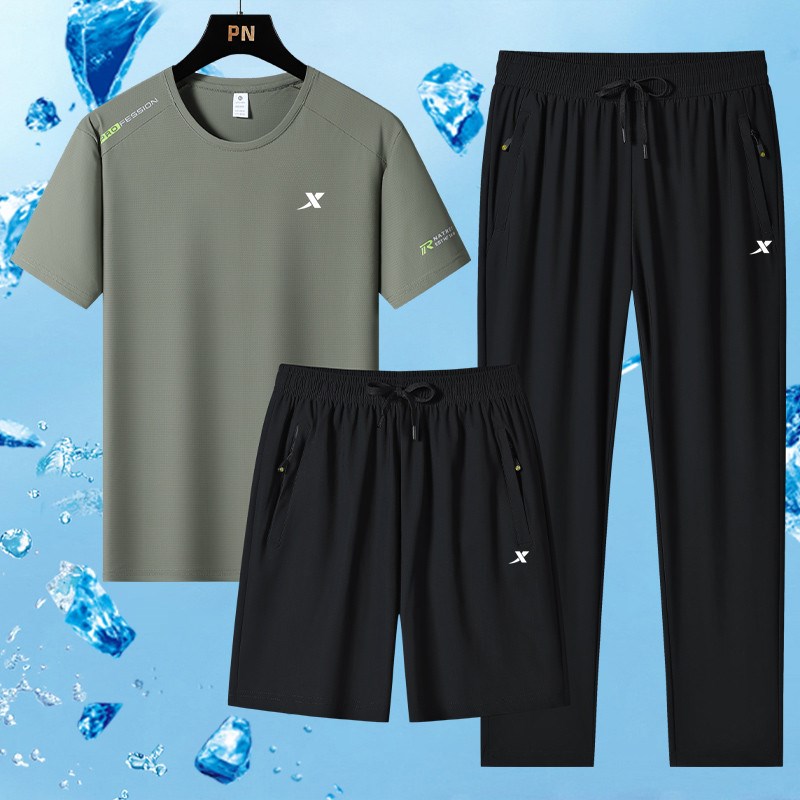 新款速干冰丝运动套装男短袖T恤夏季大码男装休闲裤大码三件套男