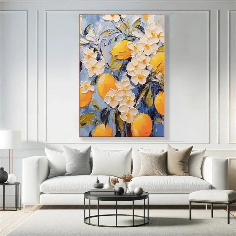 大芬村手绘油画立体肌理水果柠檬花卉客厅装饰P画玄关走廊餐厅挂图片