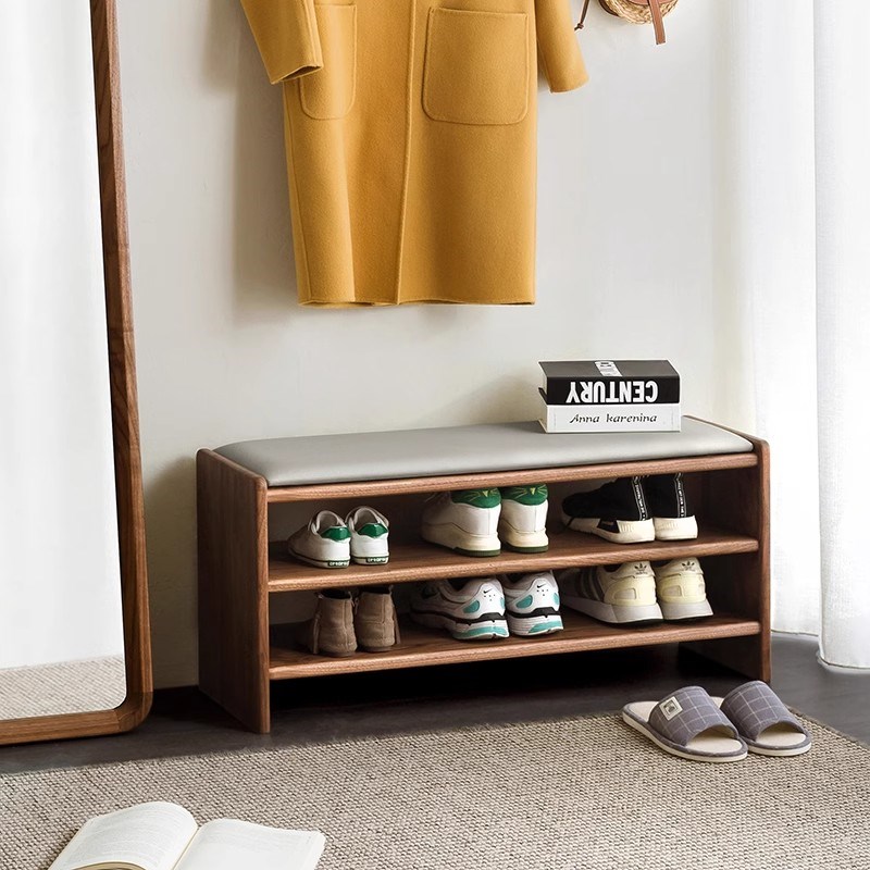 实木换鞋凳家用北欧黑胡桃木门口穿鞋凳可坐鞋柜带垫凳进门双层凳