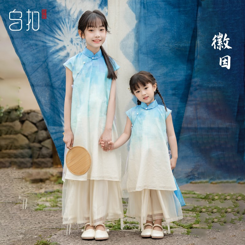 乌扣.徽因 女童旗袍2024新款儿童民国风新中式古风套装亲子装秋款