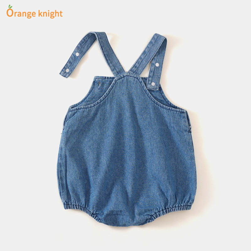 背带裤夏婴儿牛仔连体衣女宝宝遮阳帽三角包屁衣套装夏天哈衣爬服