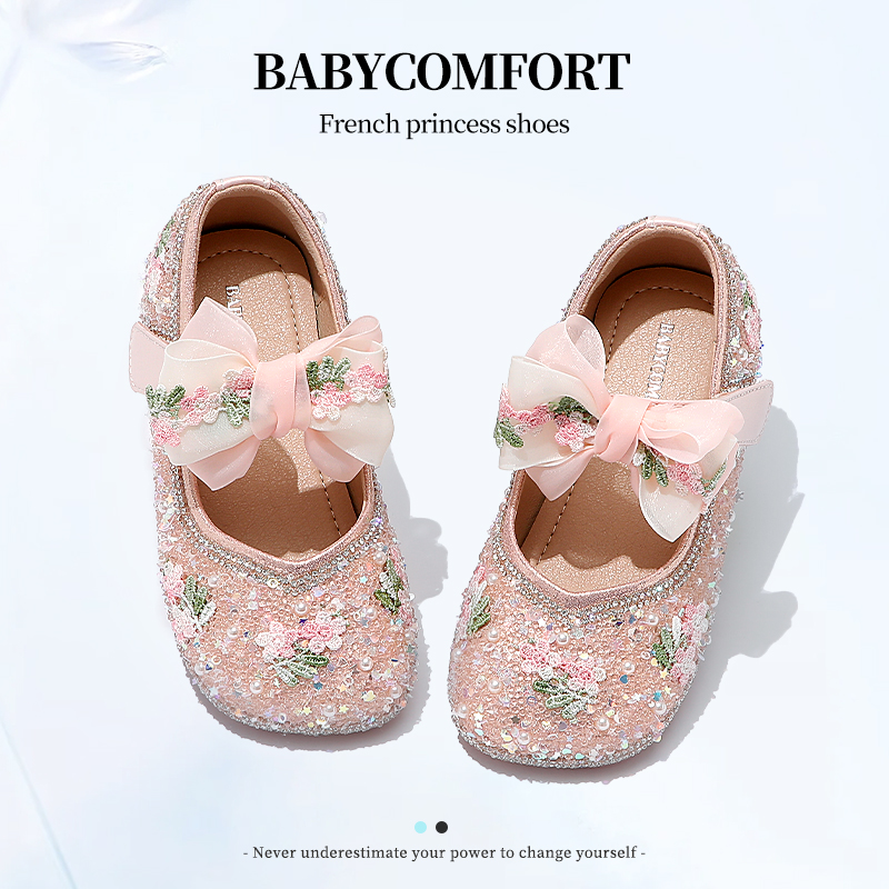 女童鞋子儿童公主水晶鞋2025新款春秋季小女孩亮片中国风软底皮鞋