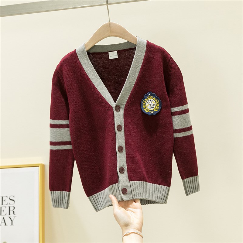 儿童毛衣开衫春秋装枣红色男童女童装针织外套宝宝小学生英伦校服