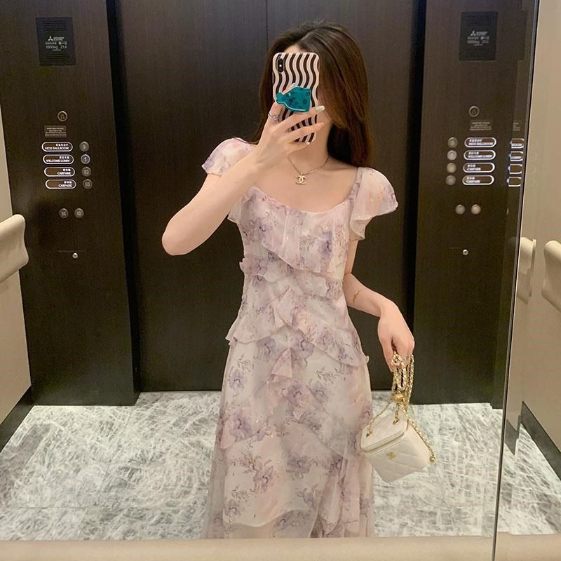 法式碎花连衣裙夏季女装2024年新款小众设计感收腰显瘦不规则长裙