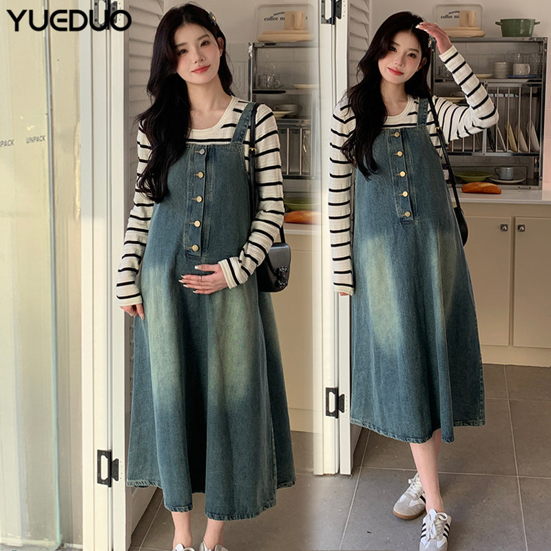 孕妇连衣裙春秋款k2024新款韩版孕妇装宽松中长款牛仔背带裙两件