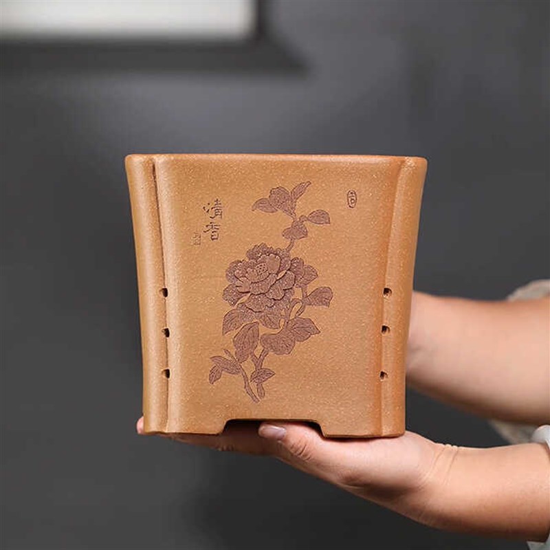 紫砂降坡泥海棠口花盆手工古典长方桌面绿植花器盆景盆苏兵陶艺