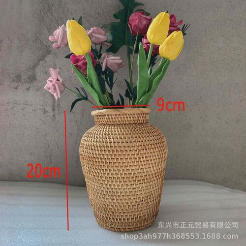 篮子花瓶客厅落家居装饰干花插花摆件桌子装饰花瓶藤编花边果盘