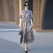 2025夏季 新款 真丝连衣裙中老年妈妈宽松遮肉显瘦立领水墨印花长裙
