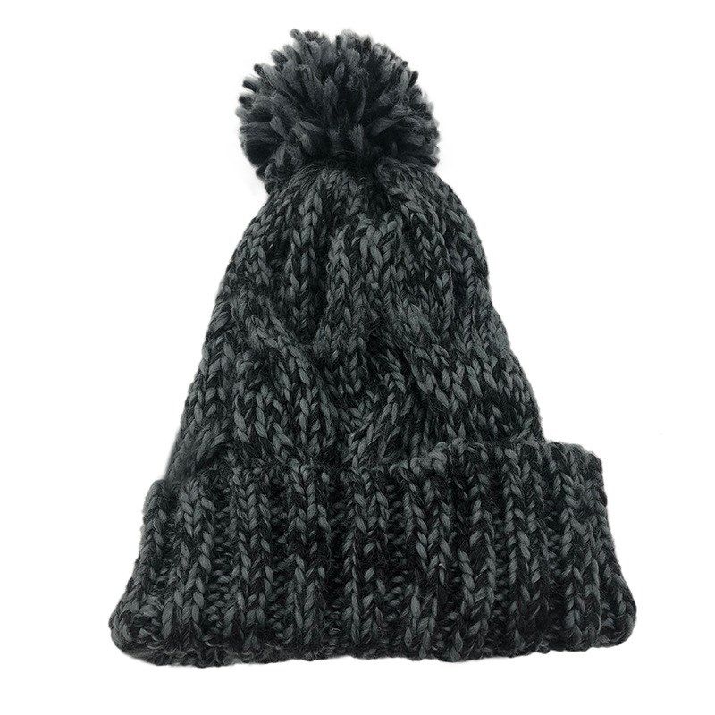 冬款女粗线混色拼色毛线帽保暖护耳帽球球流苏帽百搭时尚款帽子