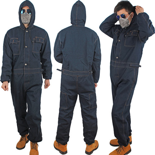 电焊防护服连体牛仔工作服加厚连体带帽防尘服焊工劳防污服喷漆服