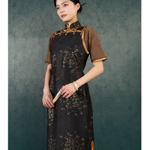 旧事旗袍/暮光/真丝龟纹香云纱无省微宽松四分袖烫金工艺日常夏季