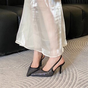 2025早春新款尖头粗跟细跟高跟鞋包头水钻闪面亮片女凉鞋浅口单鞋