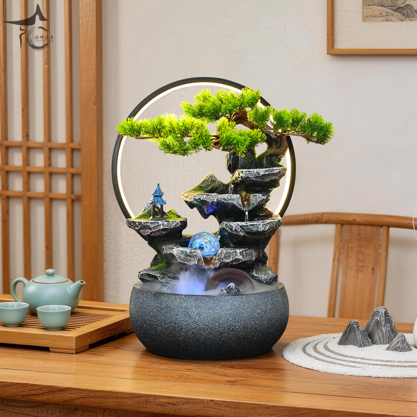 招财循环水景假山流水风水轮摆件图片