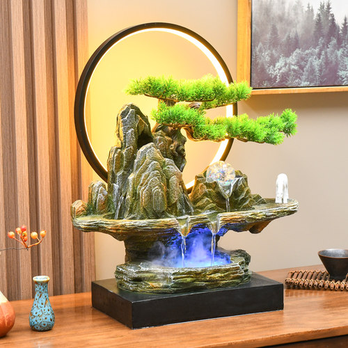 新中式迎客松山水盆景流水摆件