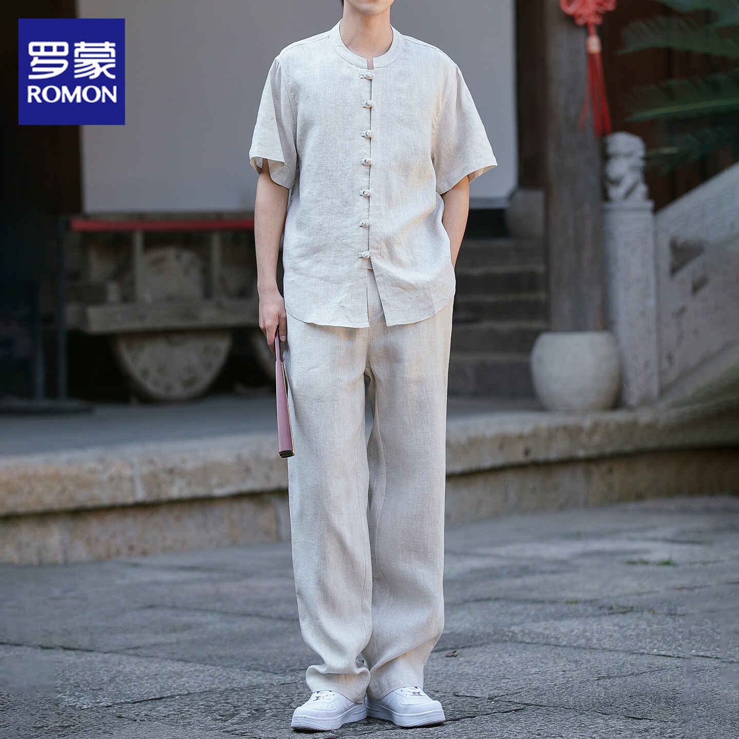 罗蒙亚麻休闲套装男士夏季新款盘扣唐装短袖衬衫搭配长裤两件套男