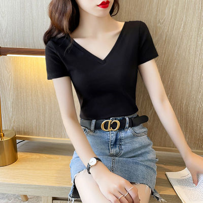 黑色V领短袖t恤女2025年新款夏季纯棉白色半袖低领露背紧身上衣潮