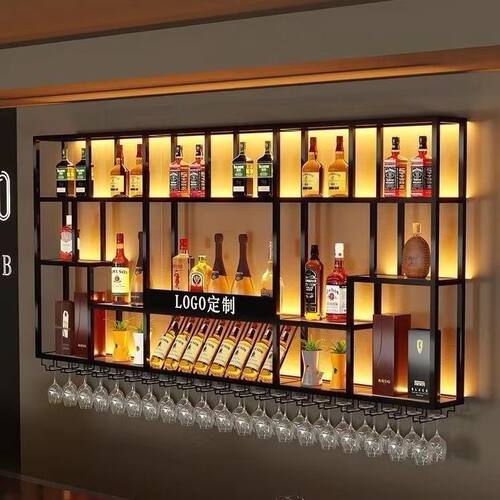 铁艺酒架酒柜墙上置物架壁挂展示架带灯酒吧饭店酒水展示收纳酒柜