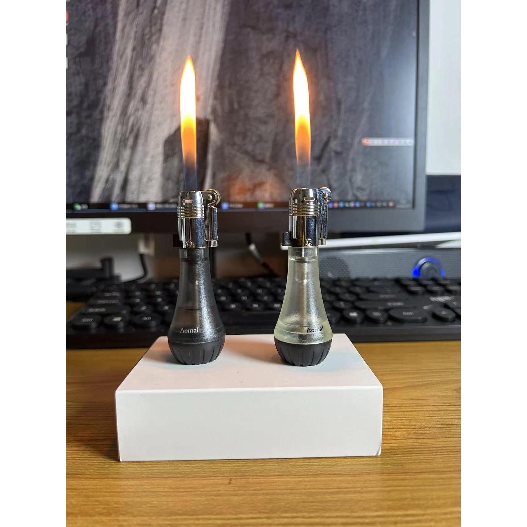 新款奥麦砂轮明火打火机定火锁火透明大气箱耐用充气款打火机定火