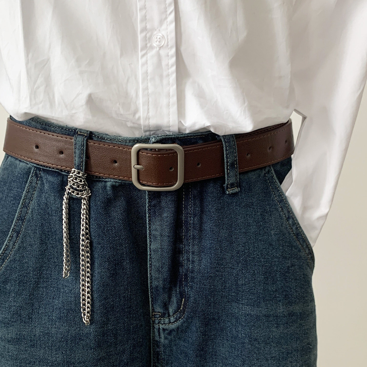 简约百搭BF港风宽皮带年轻人学生银扣牛仔裤装饰腰带男女通用潮搭