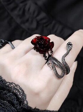 创意戒指特式红色玫瑰花开口可调戒指朋克万圣节直销