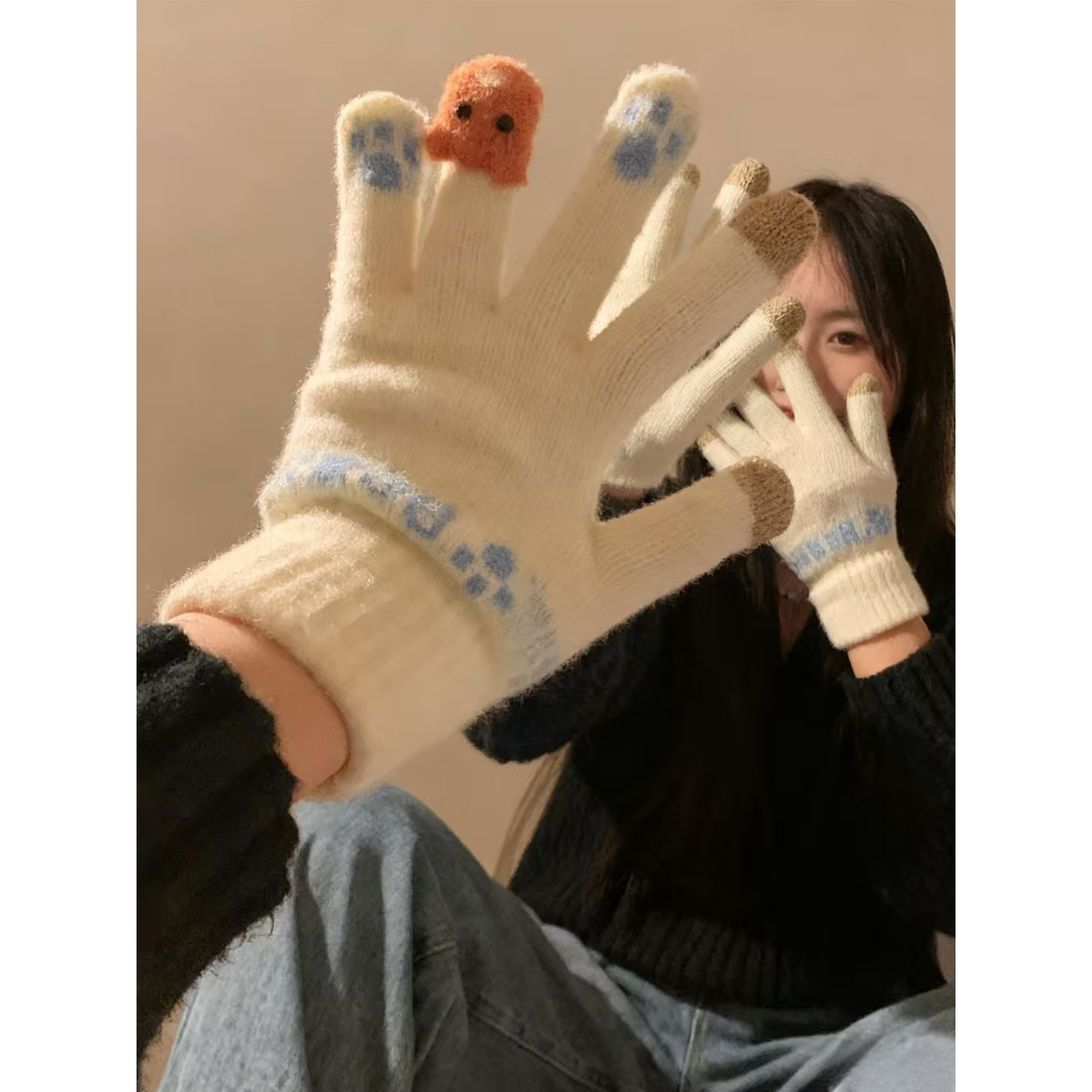 可爱毛绒针织手套女冬季2025新款保暖加厚学生可触屏骑车防寒防风