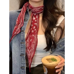 复古经典红色腰果花纹菱形三角巾丝巾女叠穿腰带方巾绑发头巾发带