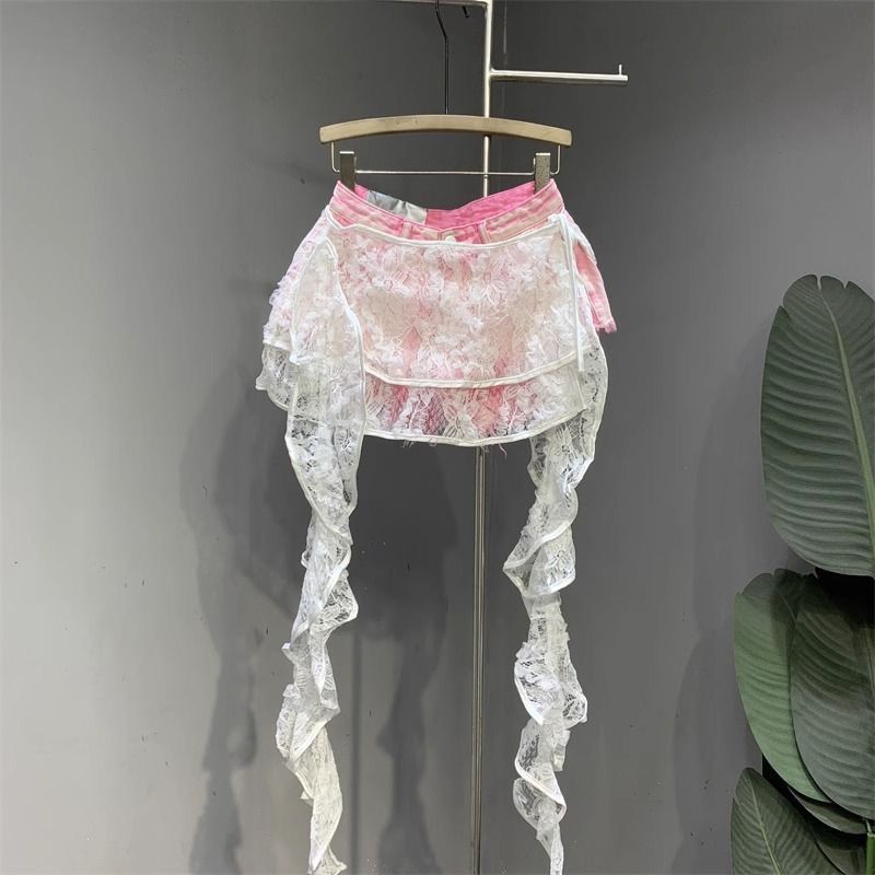 下摆叠穿围裙白色蕾丝屁帘爵士舞腰搭不规则飘带辣妹低腰半裙跳舞