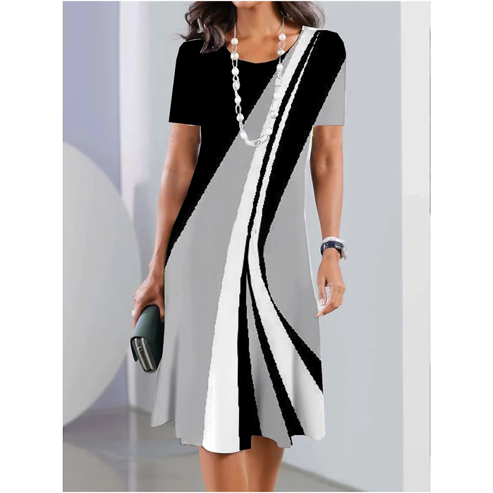Round neck printed A-line skirt mid size dresA字裙中款连衣裙 - 实物图