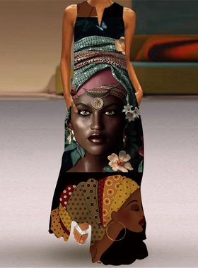 V-neck sleeveless printed long dress v领无袖印花长款连衣裙女